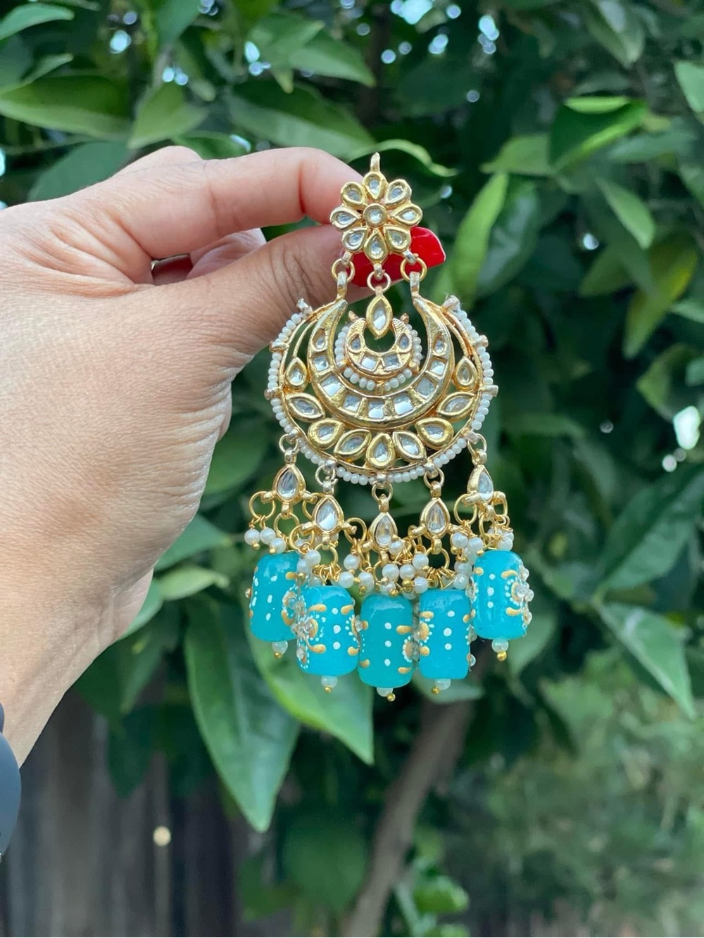 ✨Brand new Gold -tone Kundan Chandbali Earrings with Turquoise Beads✨